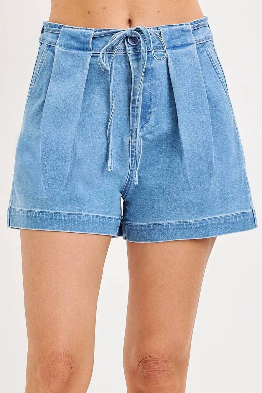 NEW RISEN sweet magnolia pleated drawstring denim shorts in blue